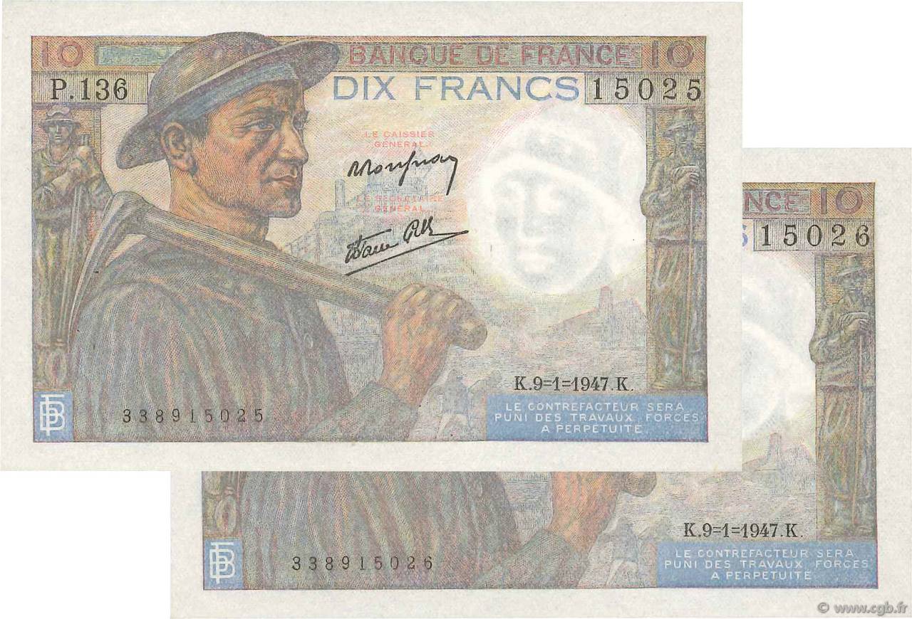 10 Francs MINEUR Consécutifs FRANCIA  1947 F.08.17 AU