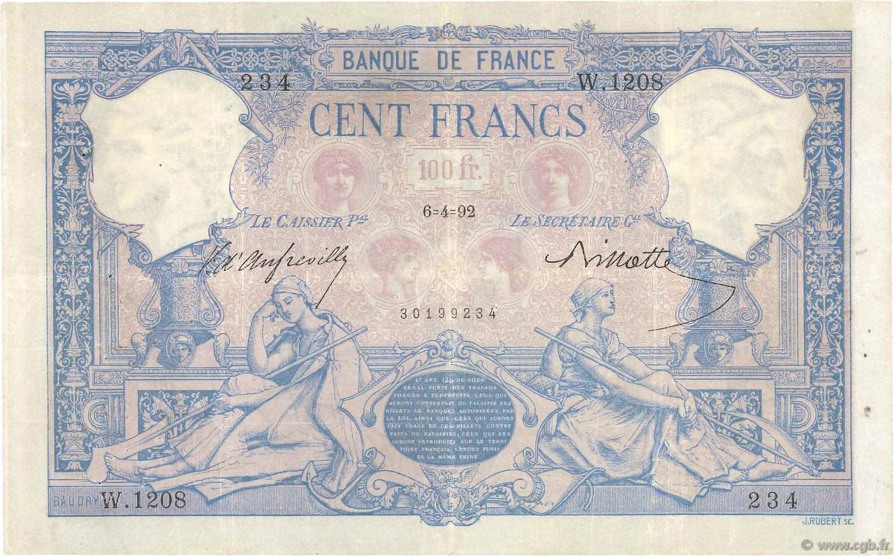 100 Francs BLEU ET ROSE FRANCE  1892 F.21.05 TTB