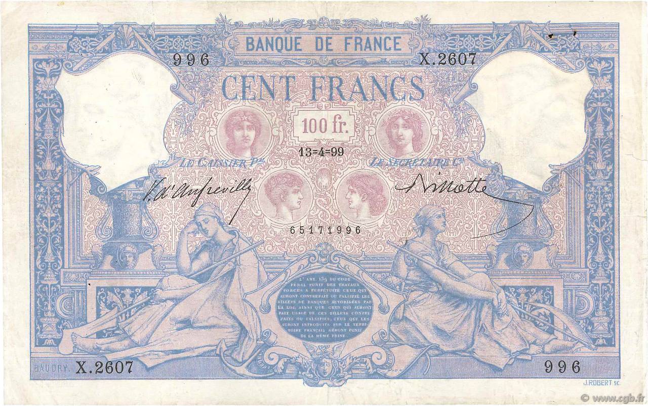 100 Francs BLEU ET ROSE FRANCE  1899 F.21.12 pr.TTB