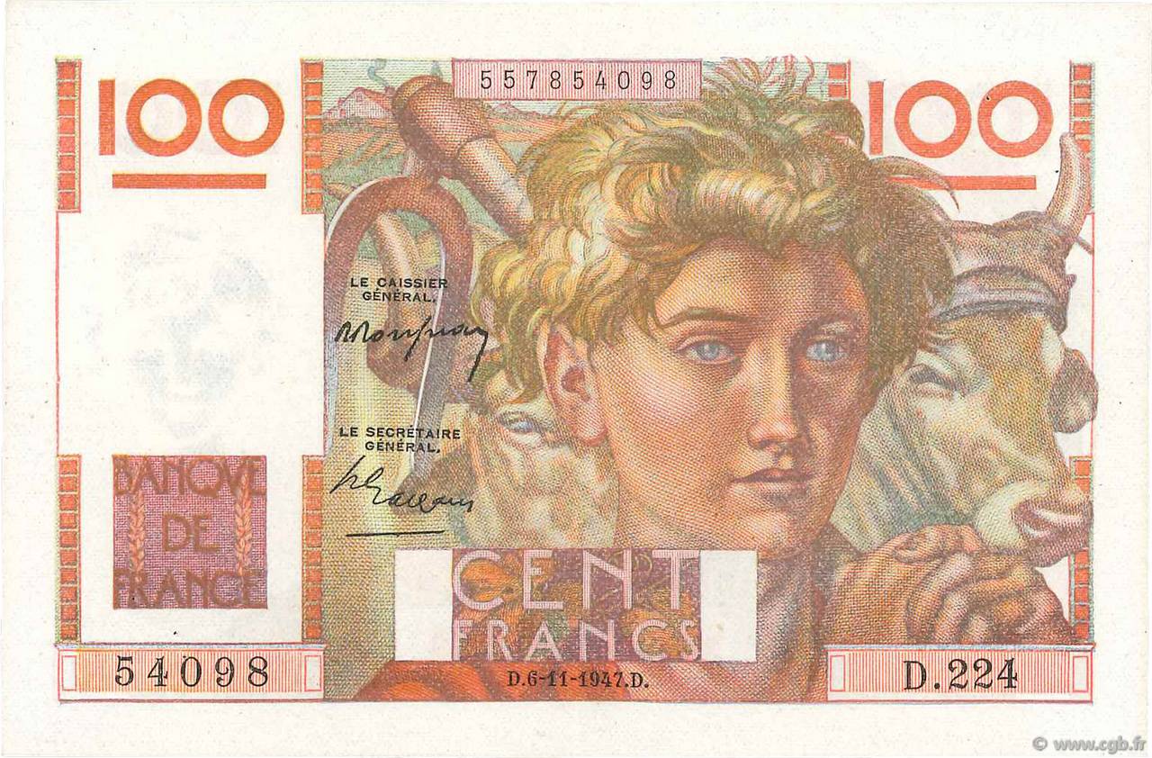 100 Francs JEUNE PAYSAN FRANCIA  1947 F.28.16 EBC