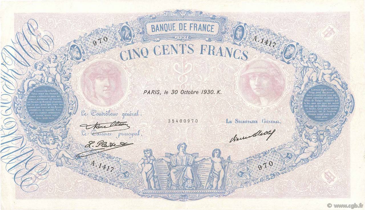 500 Francs BLEU ET ROSE FRANCE  1930 F.30.33 VF