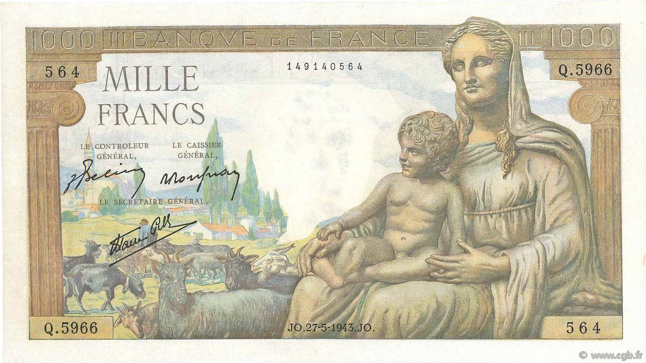 1000 Francs DÉESSE DÉMÉTER FRANCE  1943 F.40.25 AU-