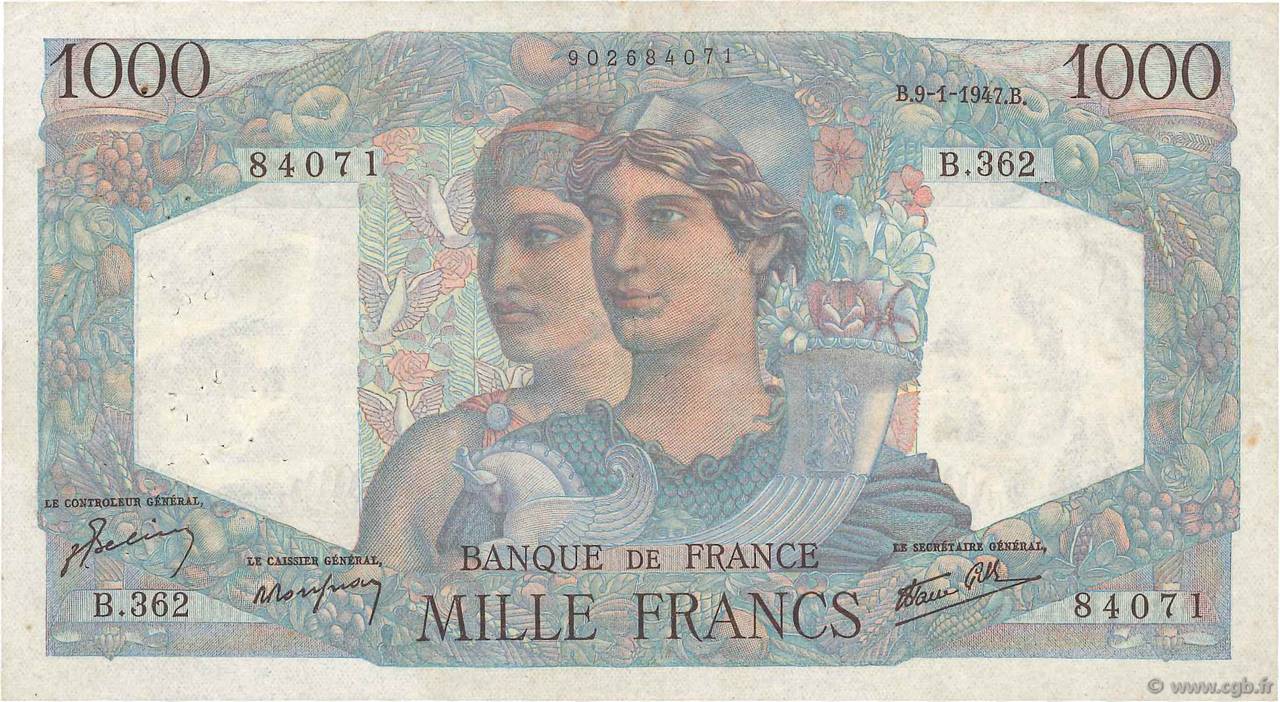 1000 Francs MINERVE ET HERCULE FRANCE  1947 F.41.18 VF-