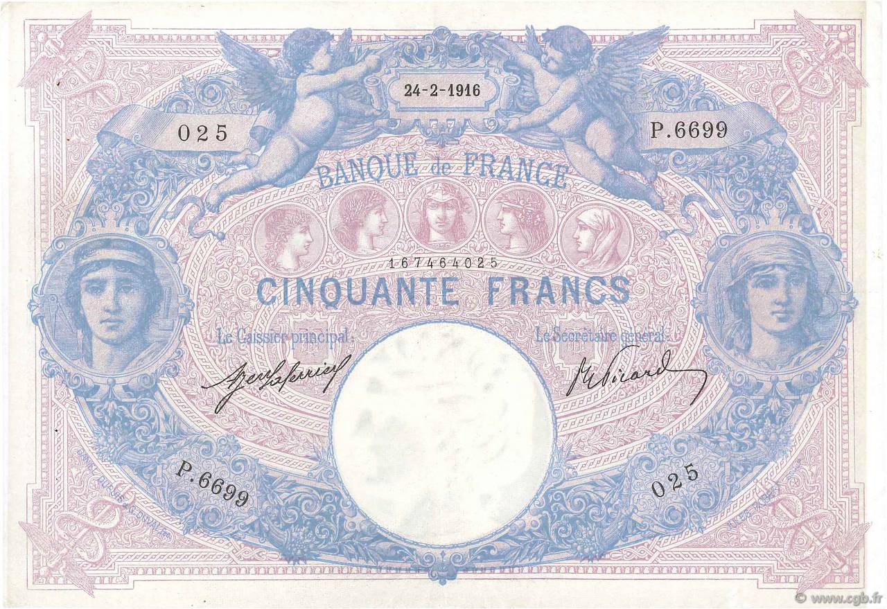 50 Francs BLEU ET ROSE FRANCE  1916 F.14.29 TTB