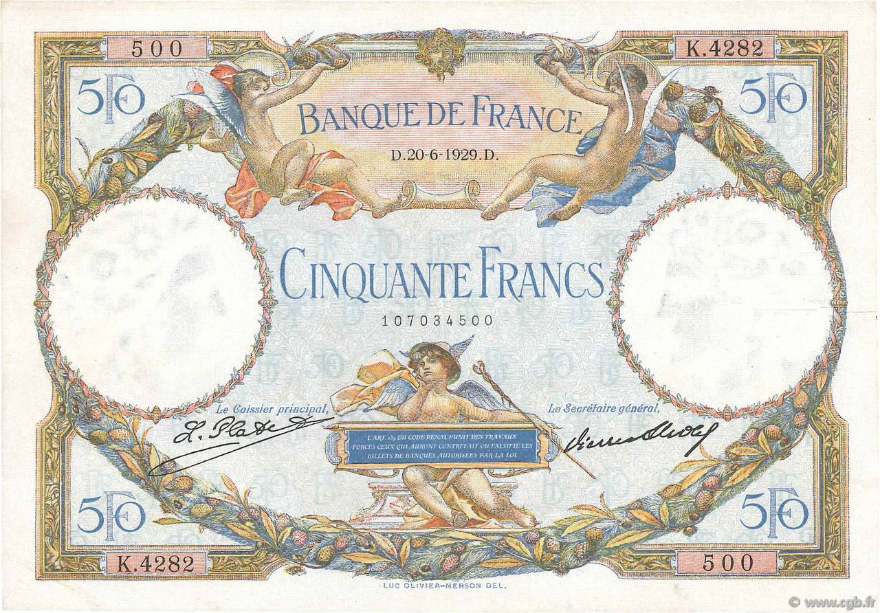 50 Francs LUC OLIVIER MERSON FRANCE  1929 F.15.03 TTB