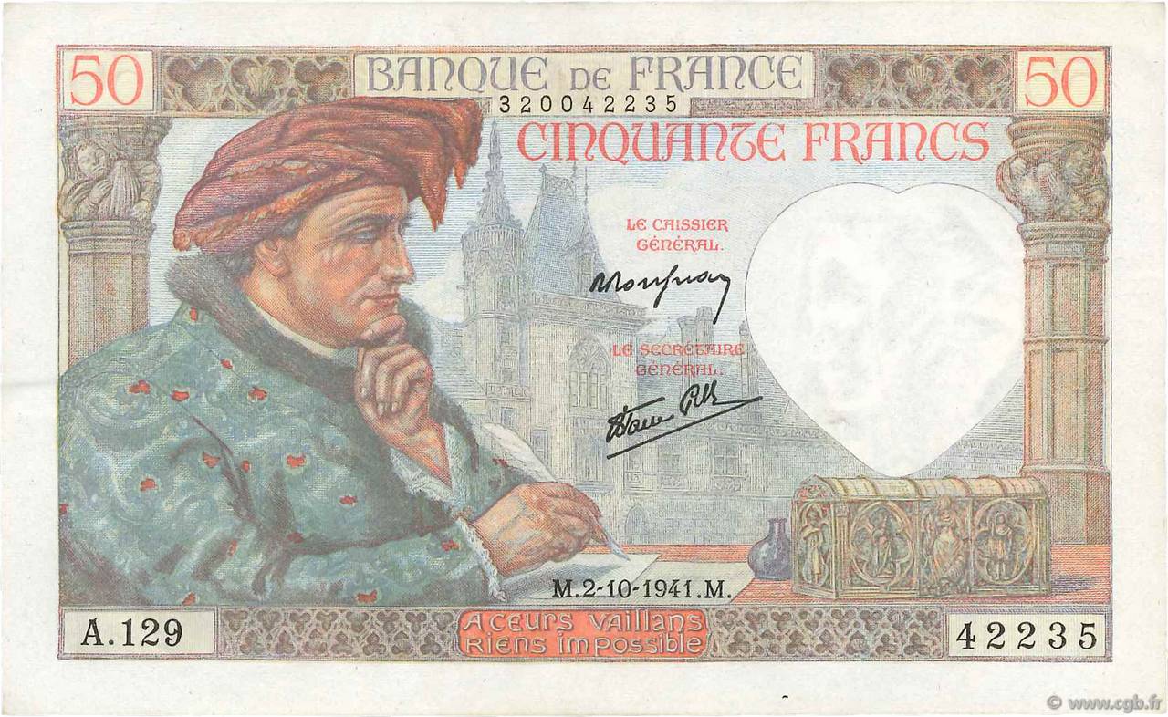 50 Francs JACQUES CŒUR FRANCE  1941 F.19.15 SPL+