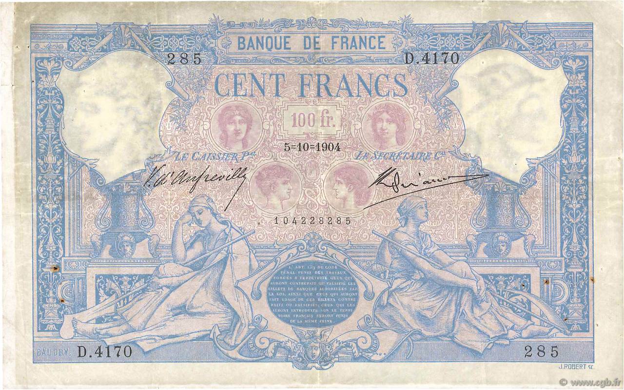 100 Francs BLEU ET ROSE FRANCIA  1904 F.21.18 BC+