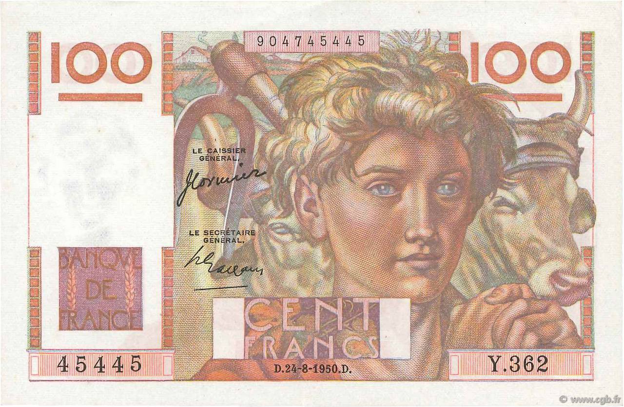 100 Francs JEUNE PAYSAN FRANCE  1950 F.28.26 pr.SPL