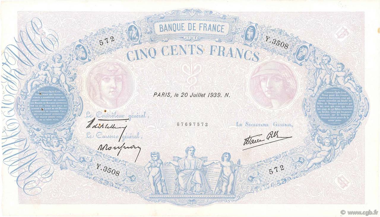500 Francs BLEU ET ROSE modifié FRANCE  1939 F.31.37 VF