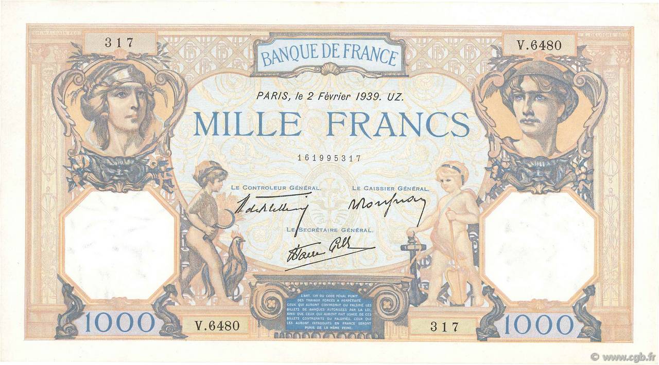 1000 Francs CÉRÈS ET MERCURE type modifié FRANCE  1939 F.38.34 SUP+
