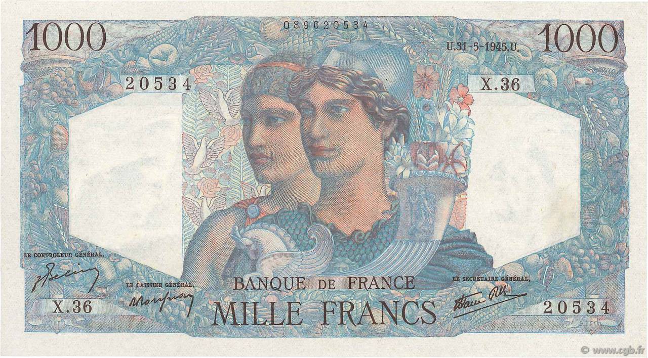 1000 Francs MINERVE ET HERCULE FRANCE  1945 F.41.03 pr.NEUF