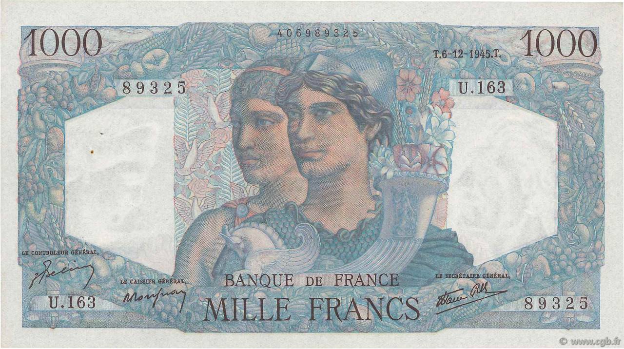 1000 Francs MINERVE ET HERCULE FRANKREICH  1945 F.41.09 fST