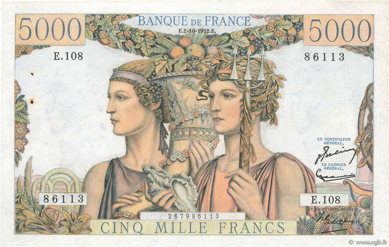 5000 Francs TERRE ET MER FRANCIA  1952 F.48.07 q.AU