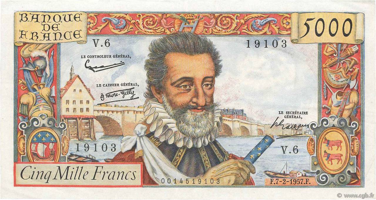 5000 Francs HENRI IV FRANCE  1957 F.49.01 pr.SUP