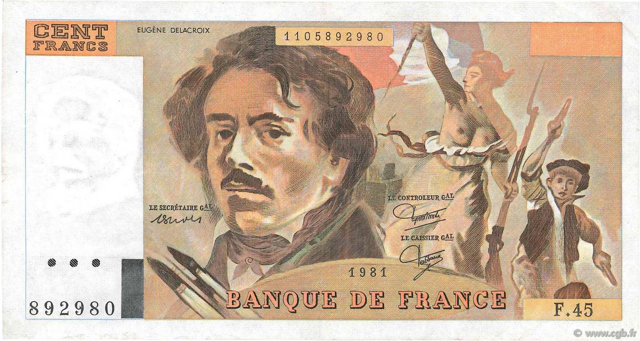 100 Francs DELACROIX modifié Fauté FRANCE  1981 F.69.05 TTB