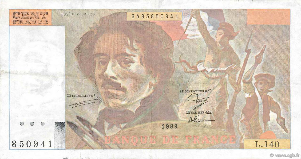 100 Francs DELACROIX modifié Fauté FRANCE  1989 F.69.13b VF
