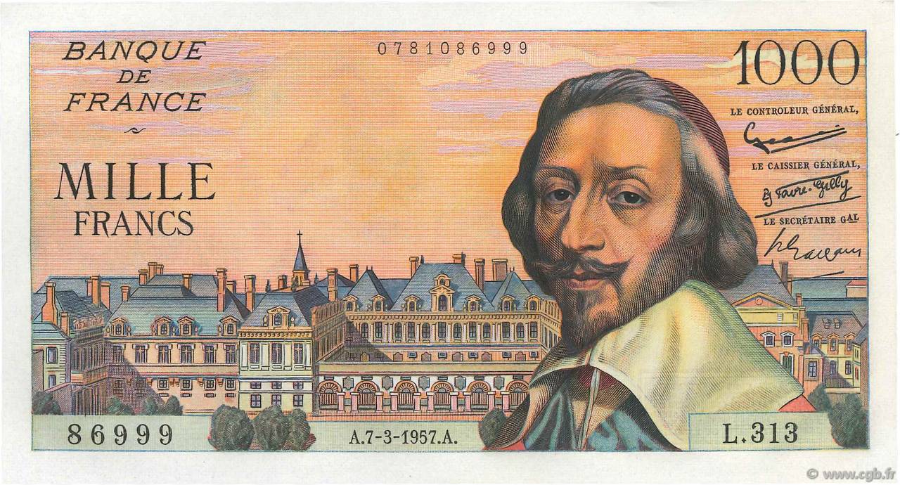 1000 Francs RICHELIEU FRANCE  1957 F.42.25 pr.NEUF