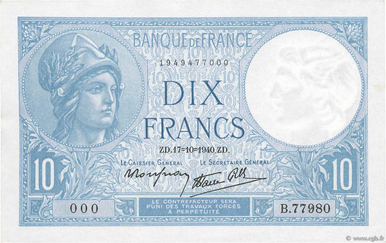 10 Francs MINERVE modifié FRANCE  1940 F.07.17 SUP+