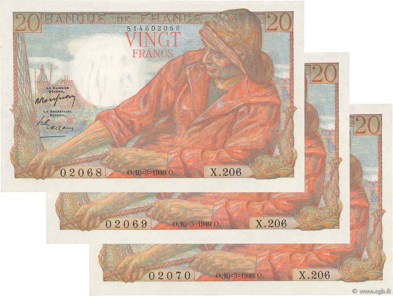 20 Francs PÊCHEUR Consécutifs FRANCE  1949 F.13.14 UNC-