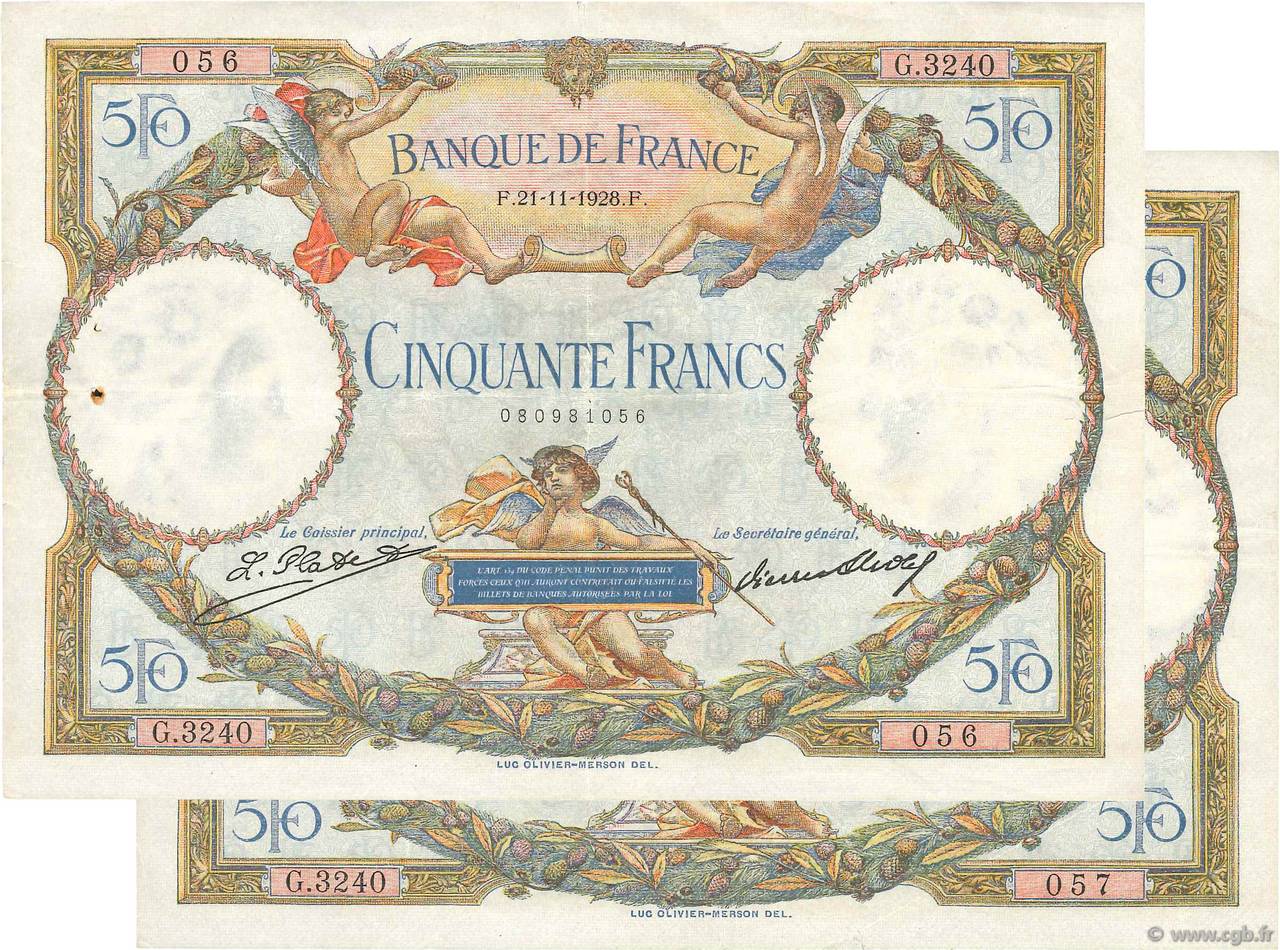 50 Francs LUC OLIVIER MERSON Consécutifs FRANCIA  1928 F.15.02 q.BB
