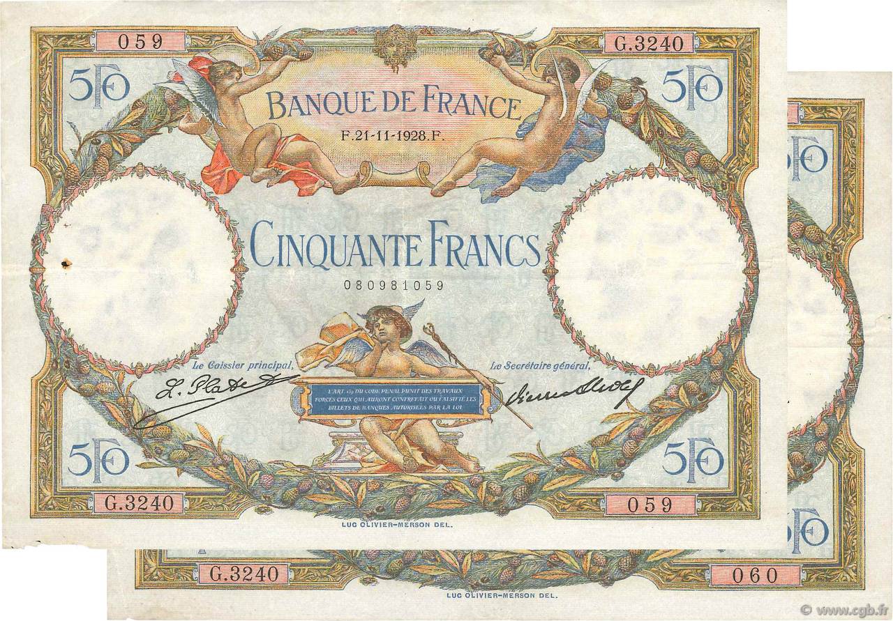 50 Francs LUC OLIVIER MERSON Consécutifs FRANCE  1928 F.15.02 F+