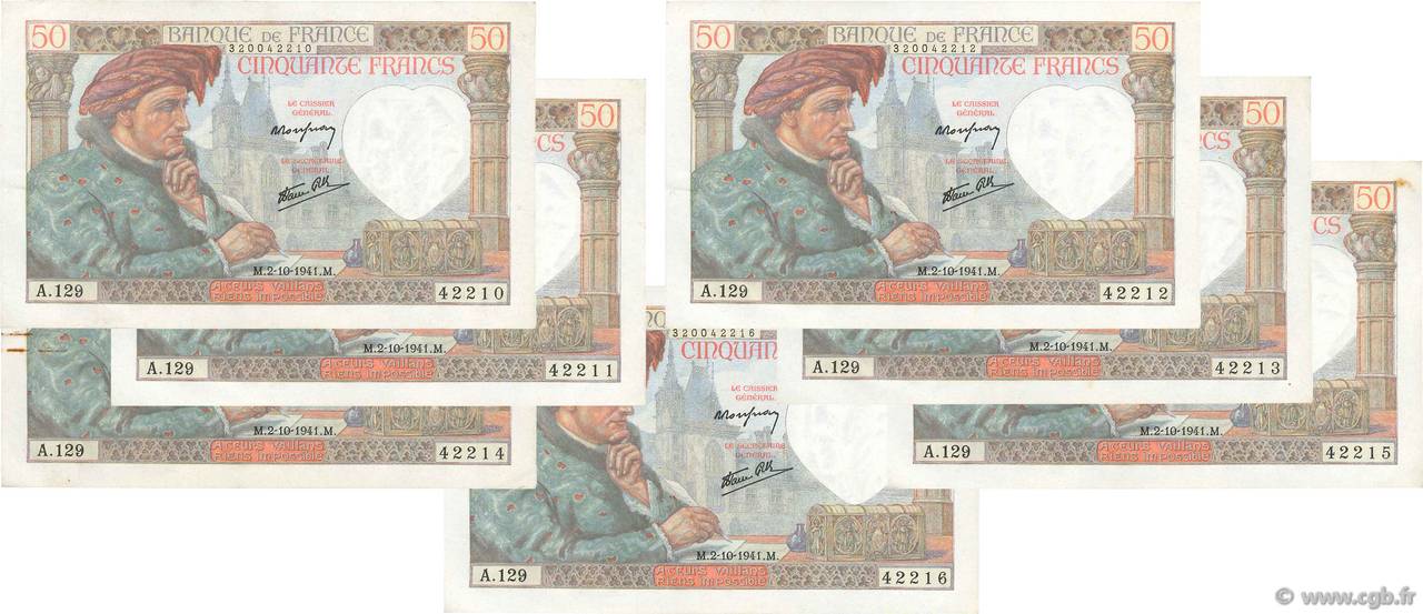 50 Francs JACQUES CŒUR Consécutifs FRANCIA  1941 F.19.15 q.SPL a SPL
