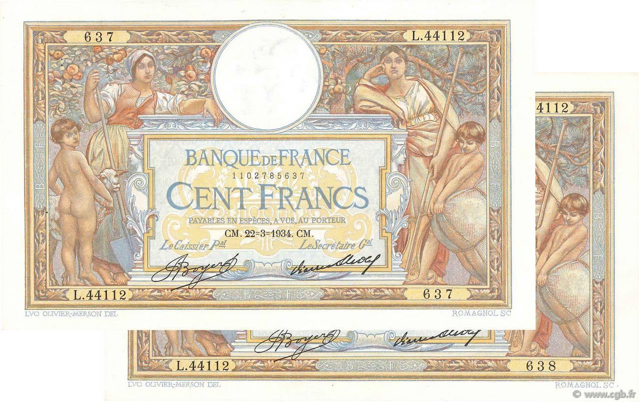 100 Francs LUC OLIVIER MERSON grands cartouches Consécutifs FRANCIA  1934 F.24.13 q.SPL