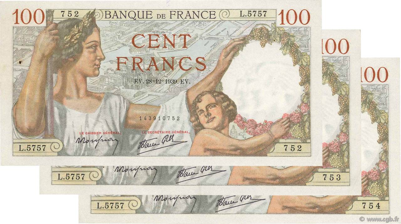 100 Francs SULLY Consécutifs FRANCIA  1939 F.26.19 MBC+