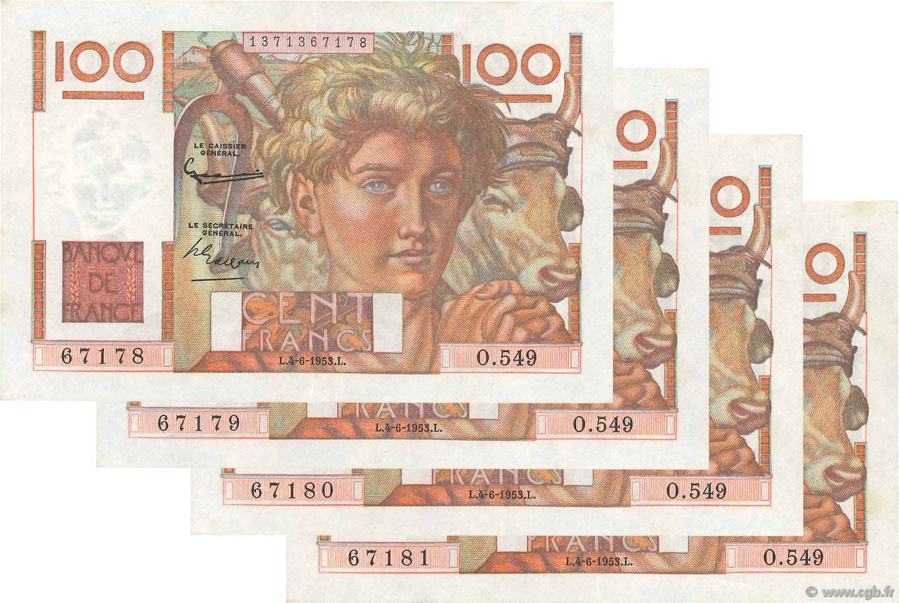 100 Francs JEUNE PAYSAN Consécutifs FRANCIA  1953 F.28.37 q.AU