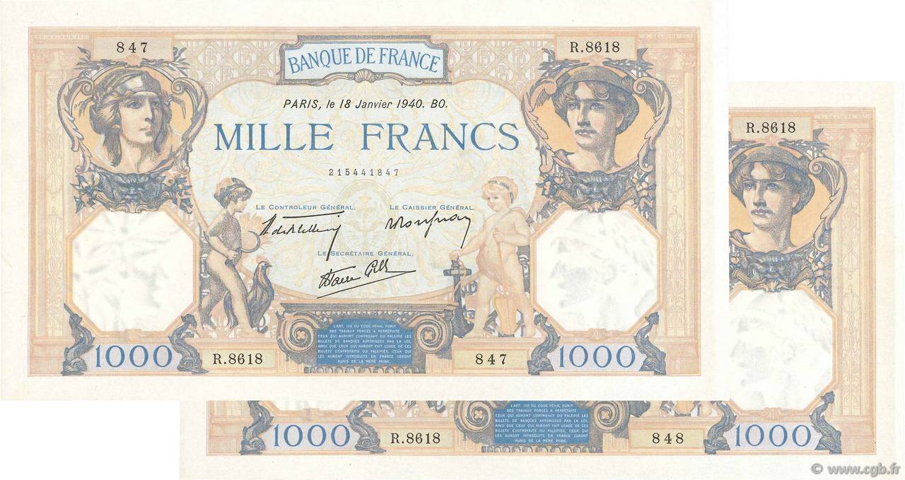 1000 Francs CÉRÈS ET MERCURE type modifié Consécutifs FRANCE  1940 F.38.41 pr.SPL