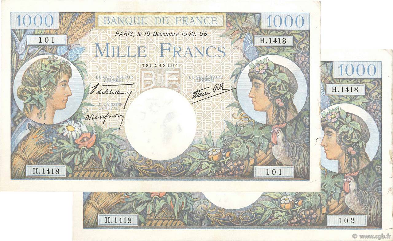 1000 Francs COMMERCE ET INDUSTRIE Consécutifs FRANCE  1940 F.39.03 TTB