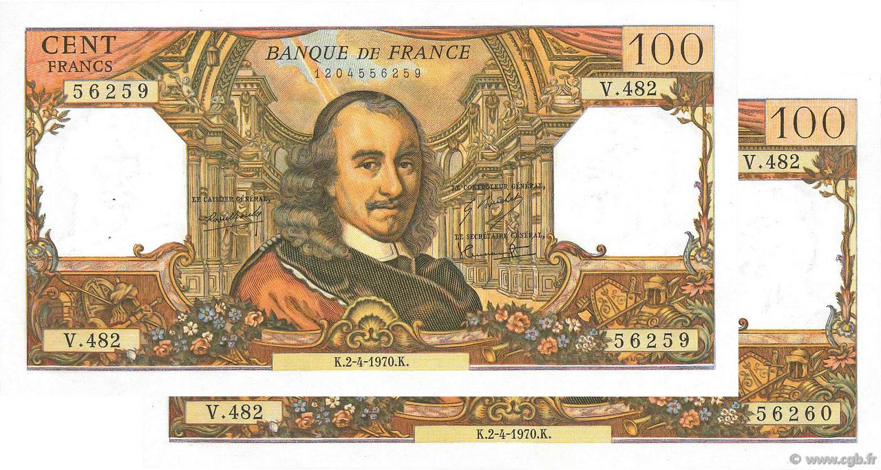 100 Francs CORNEILLE Consécutifs FRANKREICH  1970 F.65.31 VZ+