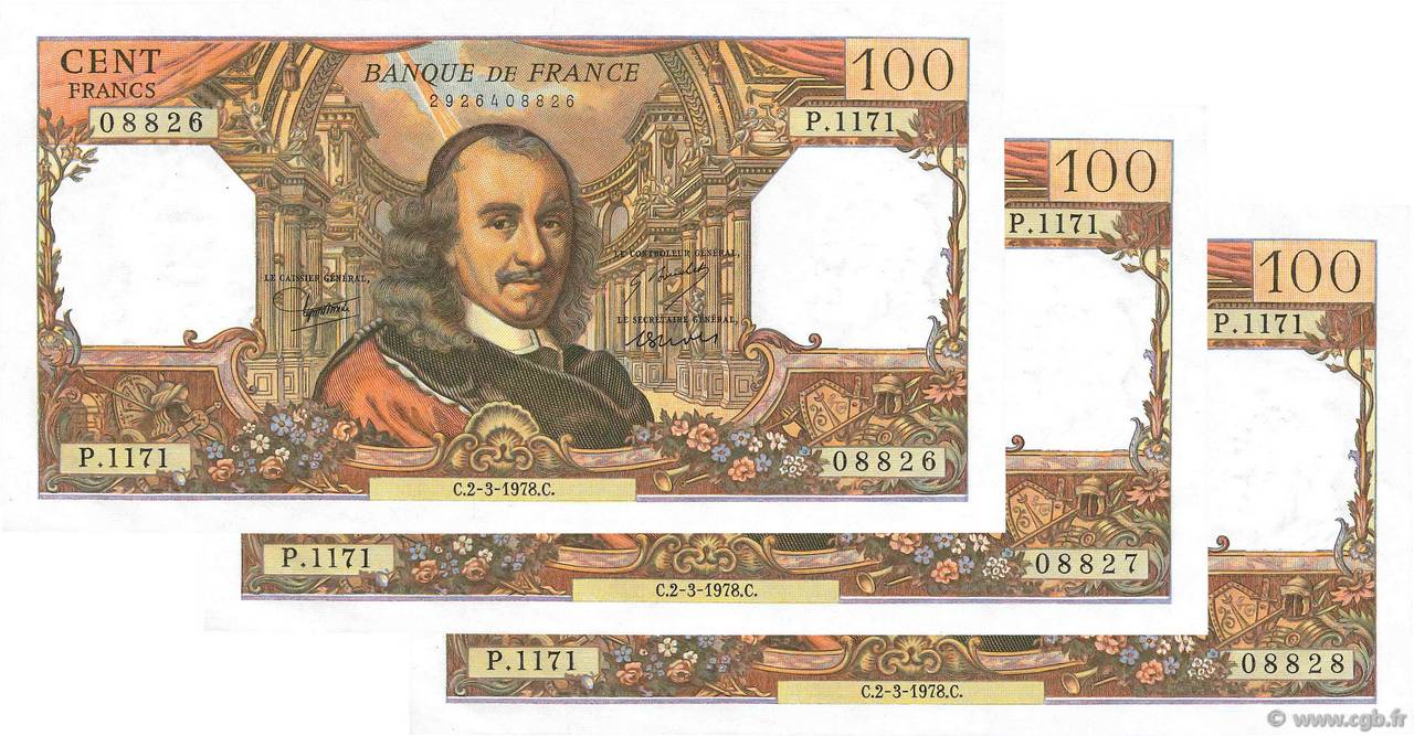 100 Francs CORNEILLE Consécutifs FRANCIA  1978 F.65.62 AU