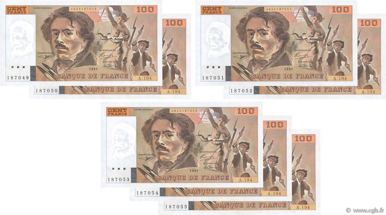 100 Francs DELACROIX imprimé en continu Consécutifs FRANCE  1991 F.69bis.04a XF