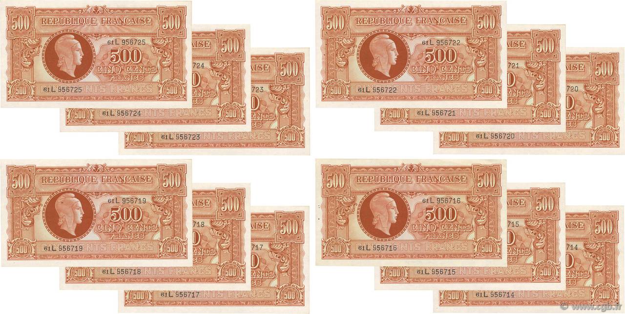 500 Francs MARIANNE fabrication anglaise Consécutifs FRANCIA  1945 VF.11.01 SPL