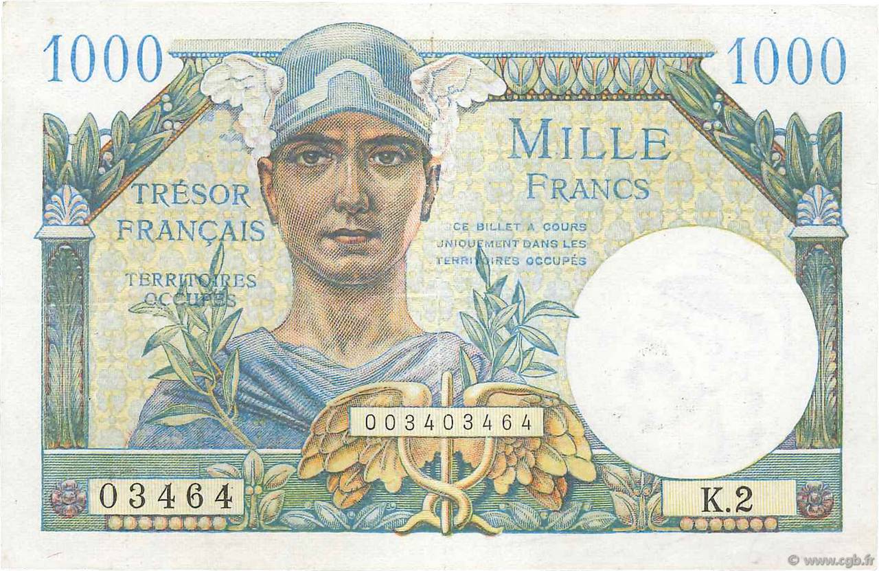 1000 Francs TRÉSOR FRANÇAIS FRANCIA  1947 VF.33.02 MBC