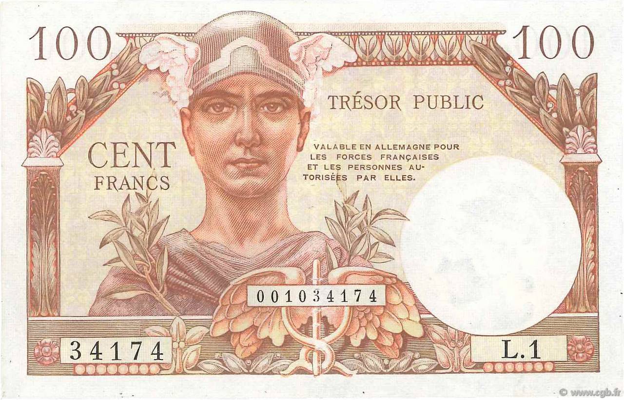 100 Francs TRÉSOR PUBLIC FRANCE  1955 VF.34.01 TTB