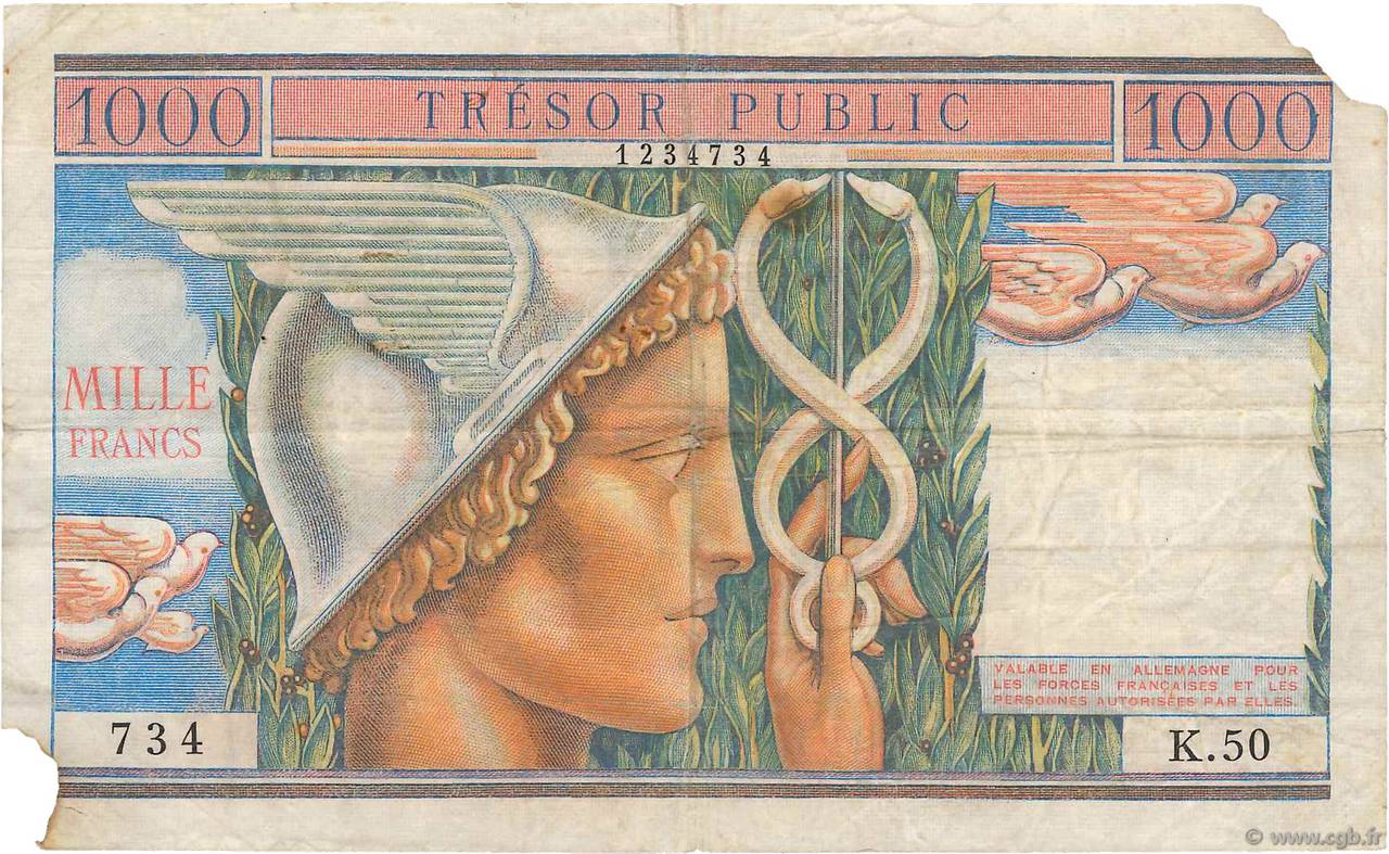 1000 Francs TRÉSOR PUBLIC FRANCE  1955 VF.35.01 B
