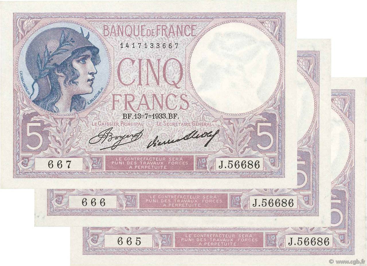 5 Francs FEMME CASQUÉE Consécutifs FRANKREICH  1933 F.03.17 SS to VZ