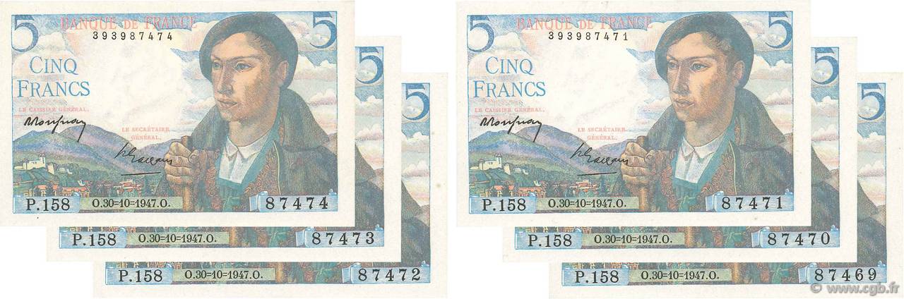 5 Francs BERGER Consécutifs FRANCE  1947 F.05.07 UNC