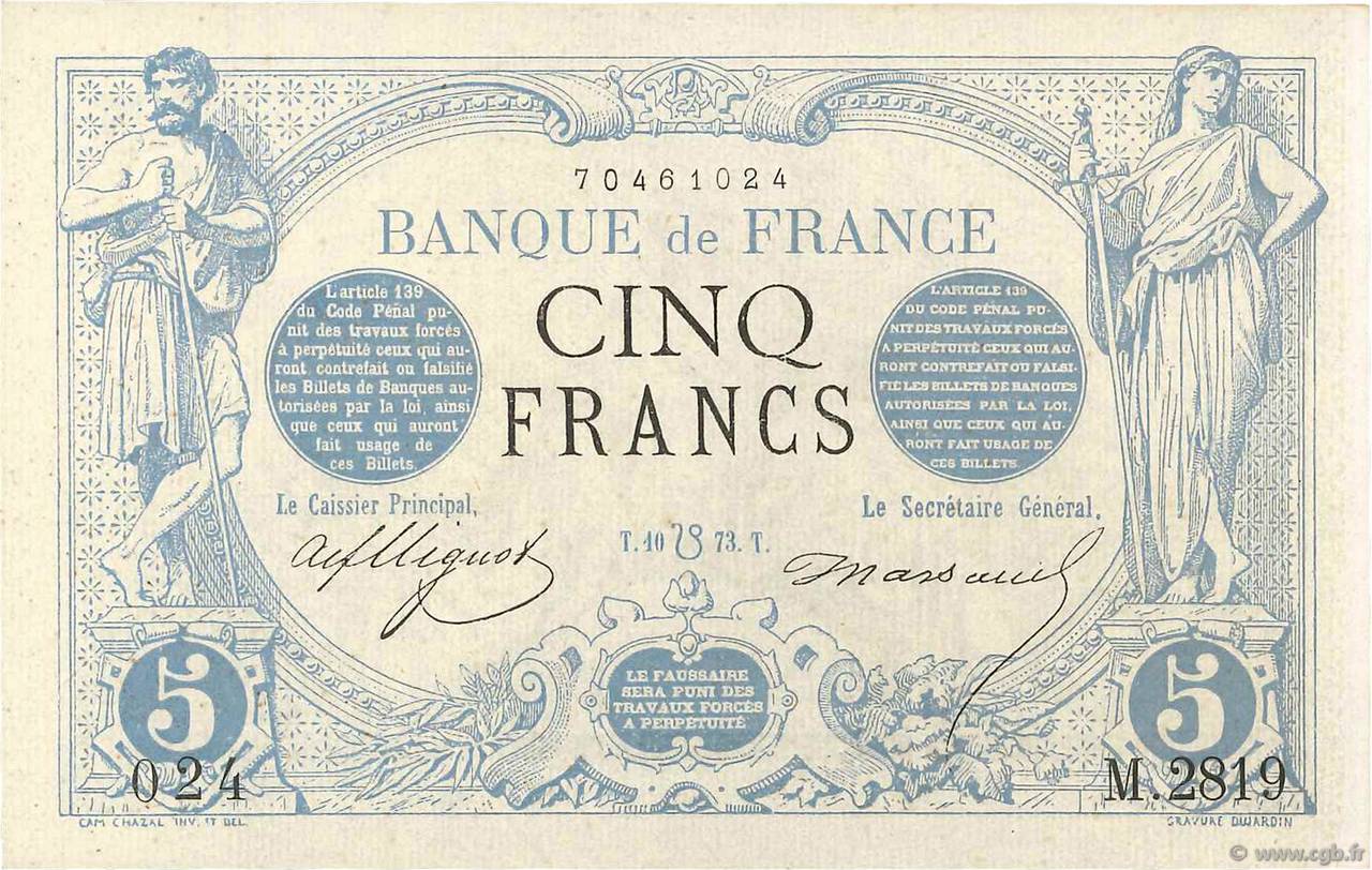 5 Francs NOIR FRANCE  1873 F.01.20 SPL