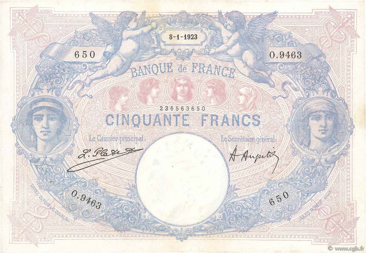 50 Francs BLEU ET ROSE FRANCE  1923 F.14.36 VF