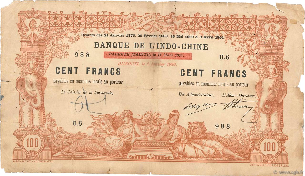 100 Francs DJIBUTI  1920 P.04b q.B