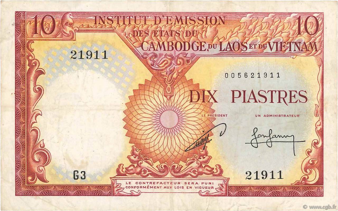 10 Piastres - 10 Riels FRENCH INDOCHINA  1953 P.096b VF