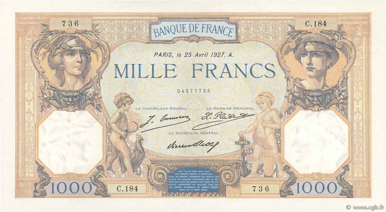 1000 Francs CÉRÈS ET MERCURE FRANCE  1927 F.37.01 pr.SPL