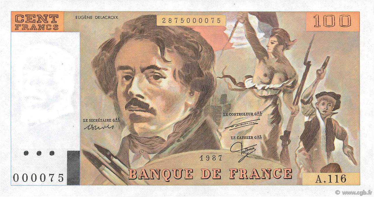 100 Francs DELACROIX modifié Petit numéro FRANCIA  1987 F.69.11A116 SC+