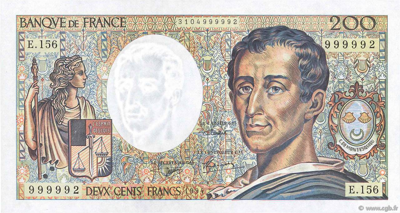 200 Francs MONTESQUIEU Modifié FRANCE  1994 F.70/2.01 UNC-