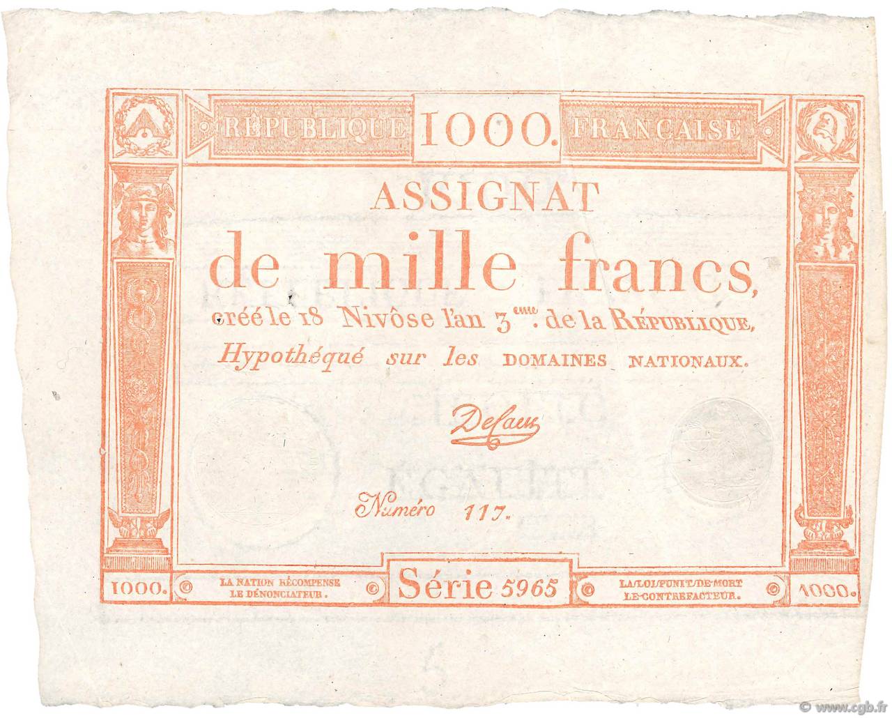 1000 Francs FRANCE  1795 Ass.50a XF