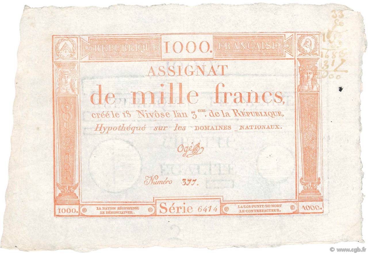 1000 Francs FRANCE  1795 Ass.50a XF-
