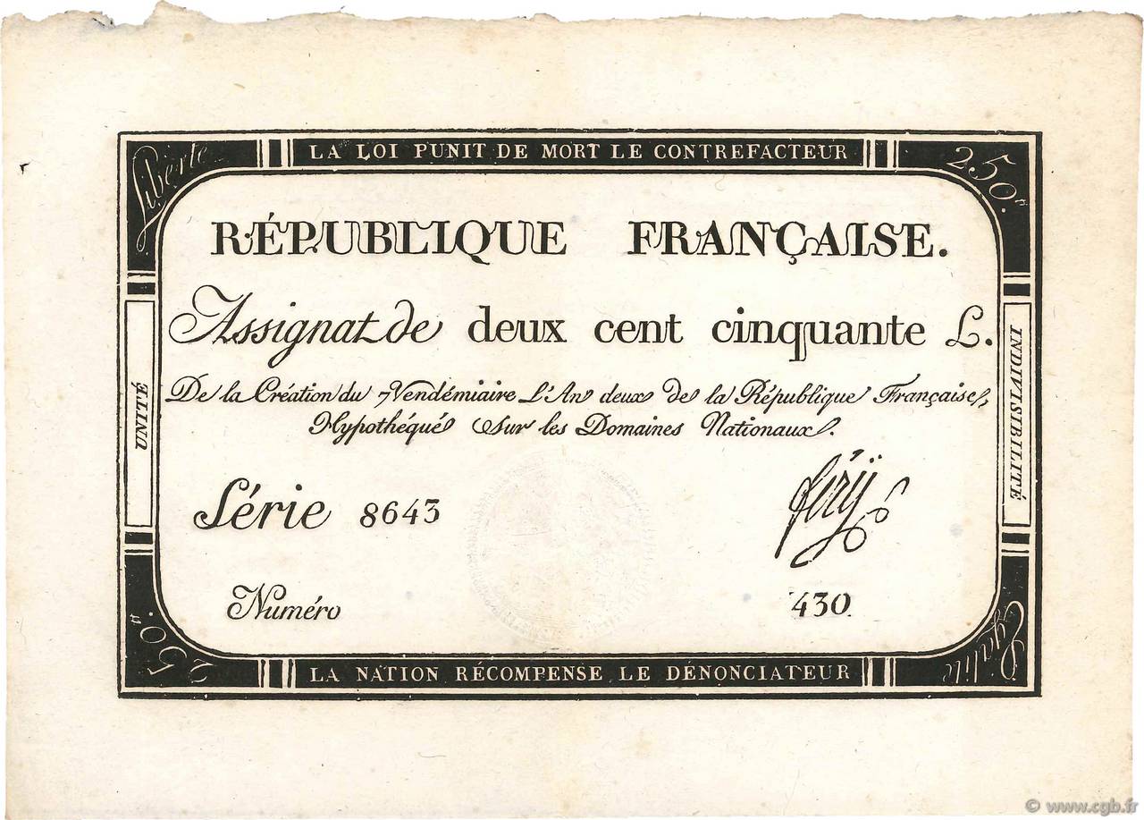 250 Livres FRANCE  1793 Ass.45a AU-